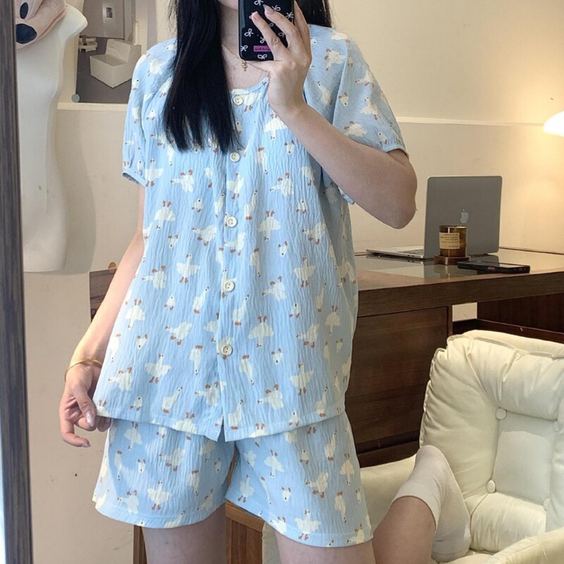 [Big White Goose] Four Seasons Round Neck Lightweight, Soft, Affordable, Soft, Cute Blue Pajamas Women's Home Clothes Set