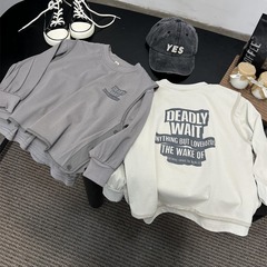 2024春款兒童美式假兩件套潮酷衛衣男童女童字母馬甲拼接圓領長袖