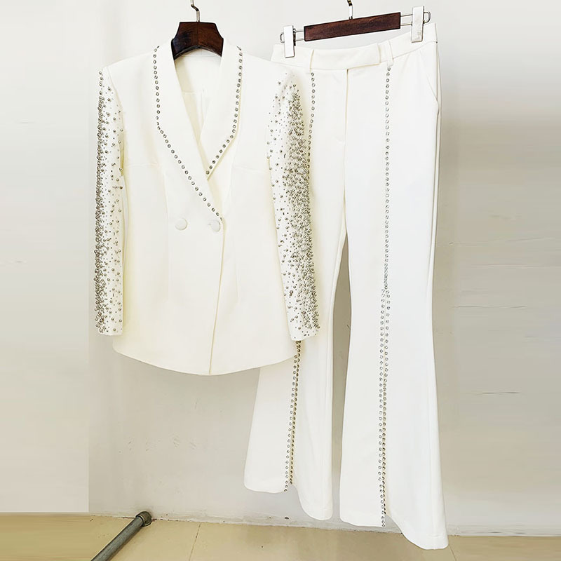 GraceChic - Conjunto de duas peças, modelo 2025, com blazer e calça comprida com fenda, bordados pesados com strass e aplicações de pérolas, inspirado na moda europeia e americana._voghion.com