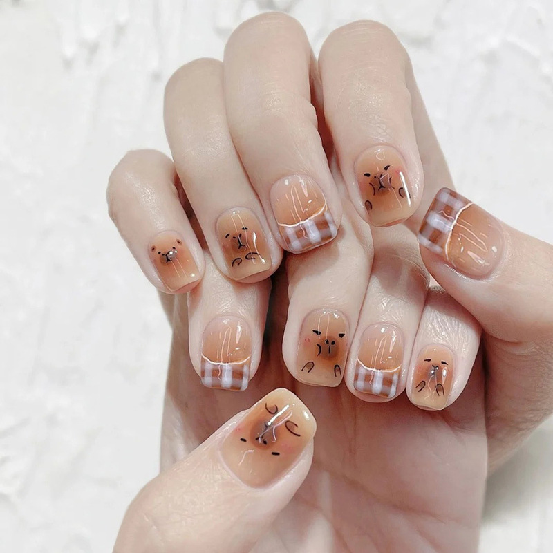 Cute Cartoon French Plaid Kabibala Children's Graffiti Nail Art Short 24 Pieces Wearable Nail Patch Cute Cartoon French Plaid Kabibala Children's Graffiti Nail Art Short 24 Pieces Wearable Nail Patch
