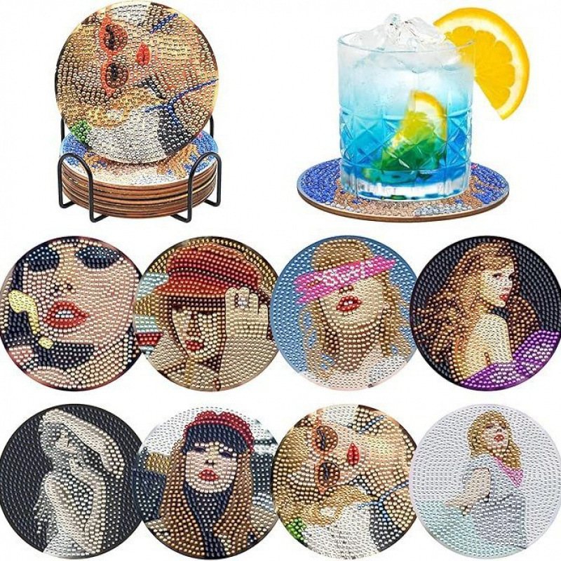 Ventas transfronterizas calientes de 8 piezas de conjunto de cojín de taza de arte de diamante, con soporte, pequeño conjunto de pintura de diamante, adecuado para adultos