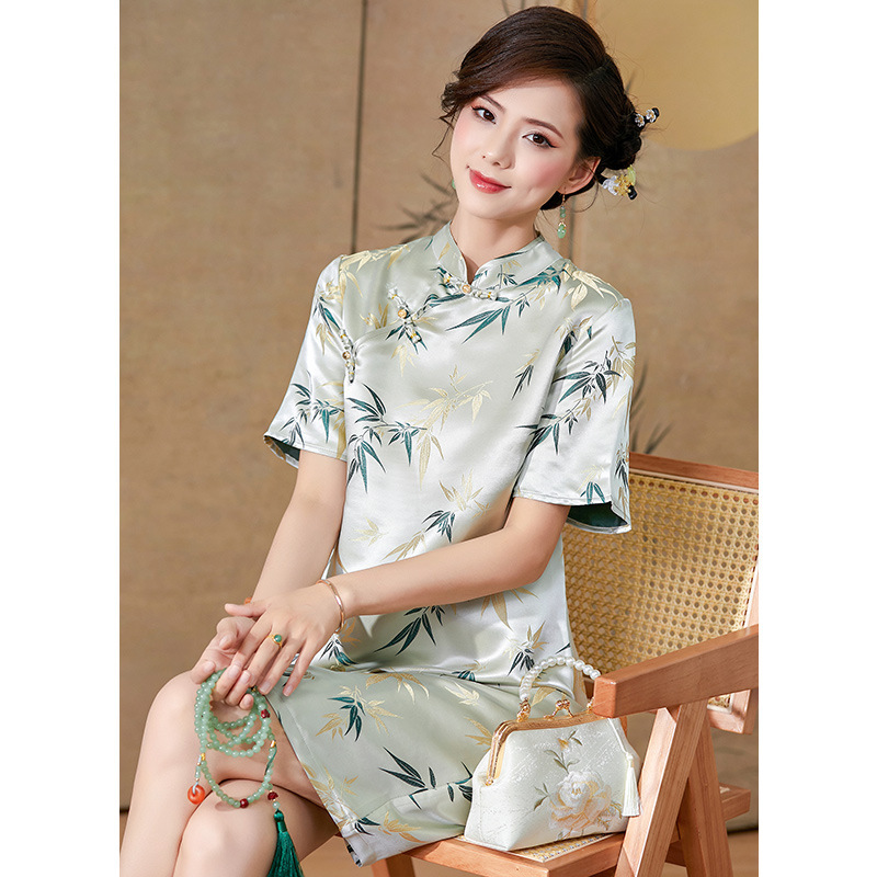 "Song Bamboo" New Chinese Style 40 Mm Heavy Silk Modified Cheongsam Women's Summer Song Jin Jacquard National Style Dress