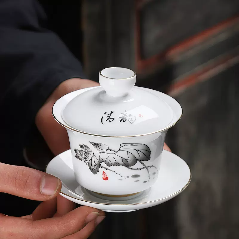 盖碗白瓷功夫茶杯三才盖碗批发敬茶碗德化白瓷茶具茶杯LOGO制作