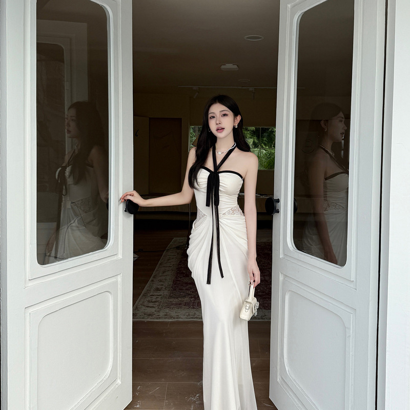 Elena Goddess Dress with Streamers for Women, French Style Pure Desire Slim Fit Waist-Cinching Bodycon Long Dress Xs25271