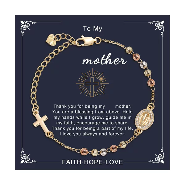 Faith Cross Bracelet with Diamond-Encrusted Portrait Pendant, Heart Chain Faith Bracelet, Gold Portrait Faith Bracelet