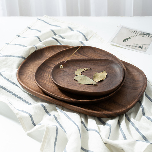 Black walnut tea tray solid wood round fruit tray dinner plate wooden tray solid wood new Chinese style personalized wooden tray