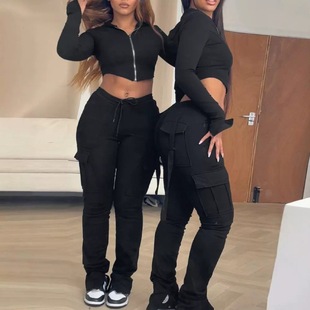 Short-sleeved Casual Hood Cardigan Sweatshirt suit Low Waist Tooling Pocket Design Tight Foot Mouth Split Sweatpants
