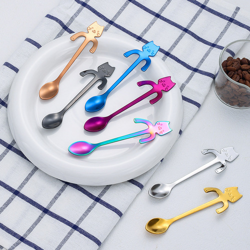 Factory direct selling stainless steel hanging cup cat spoon cartoon mug coffee dessert Amazon 304 stainless steel cat spoon