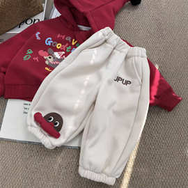 杉伴韩系男小童冬季新款加绒可爱刺绣字母高腰长裤男宝宝休闲卫裤