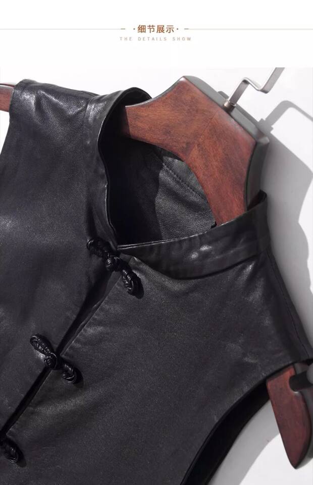 Áo khoác vest da nữ kiểu ngắn dáng gile cài khuy, mặc ngoài mùa thu — Màu đen [chất lượng cao] chi tiết 10