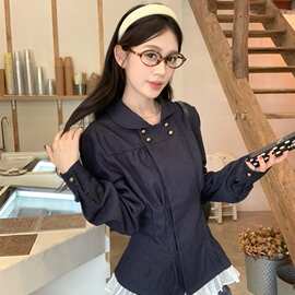 小香风双排扣翻领牛仔外套女春季小众设计感花边拼接收腰显瘦上衣