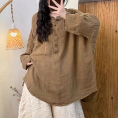 2025夏秋季新款休闲百搭砂洗亚麻脏染大口袋圆领半系扣长袍 女