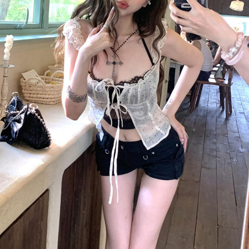 Pure Lust Style Top Black Lace Camisole Women's Summer Layered Strappy Polka Dot Cardigan Sweet Sexy Two-Piece Set