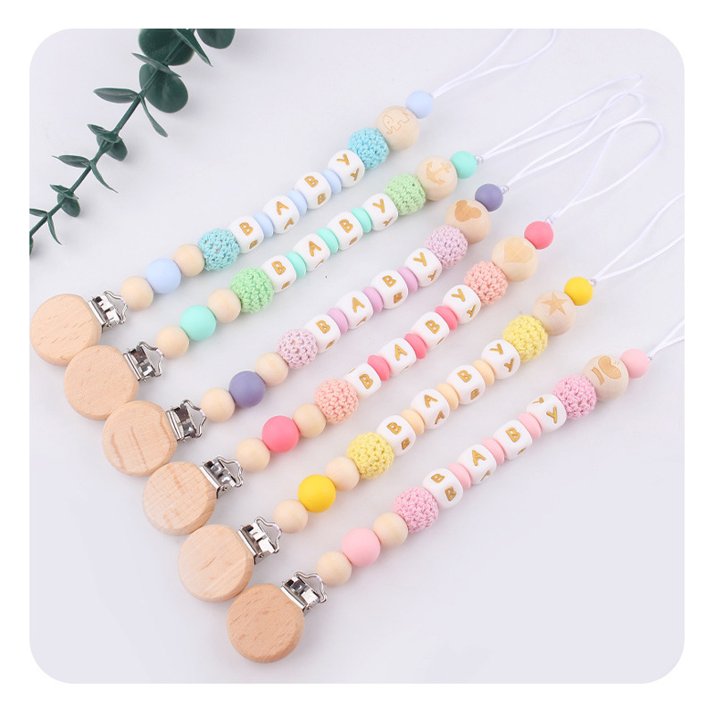Productos para bebés abrazadera de tetina plana redonda de beech letras de silicona nombre de bebé DIY calmar tetina cadena de prevención de caída cadena