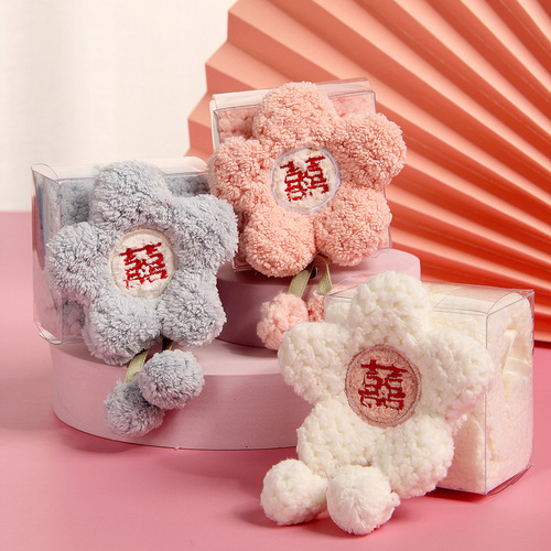 Flower towel souvenir, wedding lettering small square scarf, coral velvet, bridesmaid return gift towel, high-end wedding supplies