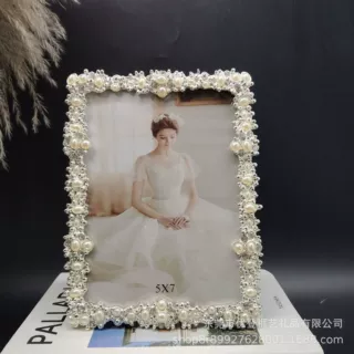 珍珠镶钻相框轻奢法式金属摆台相框緍纱照装裱相框家居软装装饰