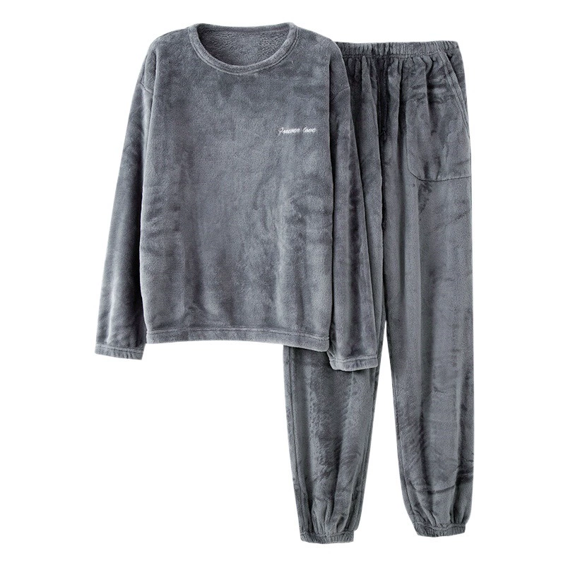 Пижама Мужская зимняя пижама из кораллового флиса из утолщенного флиса, теплая Домашняя одежда, костюм, однотонный фланелевый пуловер, мужская осень и зима