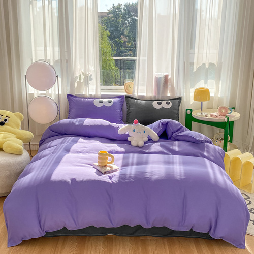 Cross-border Amazon Aloe Cotton Four-Piece Set AB Version Big Eyes Solid Color Split Bedspread and Pillowcase Three-Piece Set Wholesale