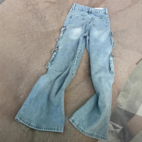High-Heeled Vintage American Workwear Denim Jeans for Men Loose American Street Style Multi-Pocket Wide-Leg Floor-Length Pants Trendy