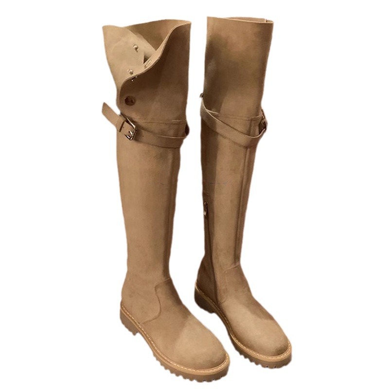 Mamá de uva Milan pictórica ~ botas cálidas de invierno botas sobre la rodilla punta redonda hebilla de cinturón a presión botas elásticas de tacón grueso botas largas