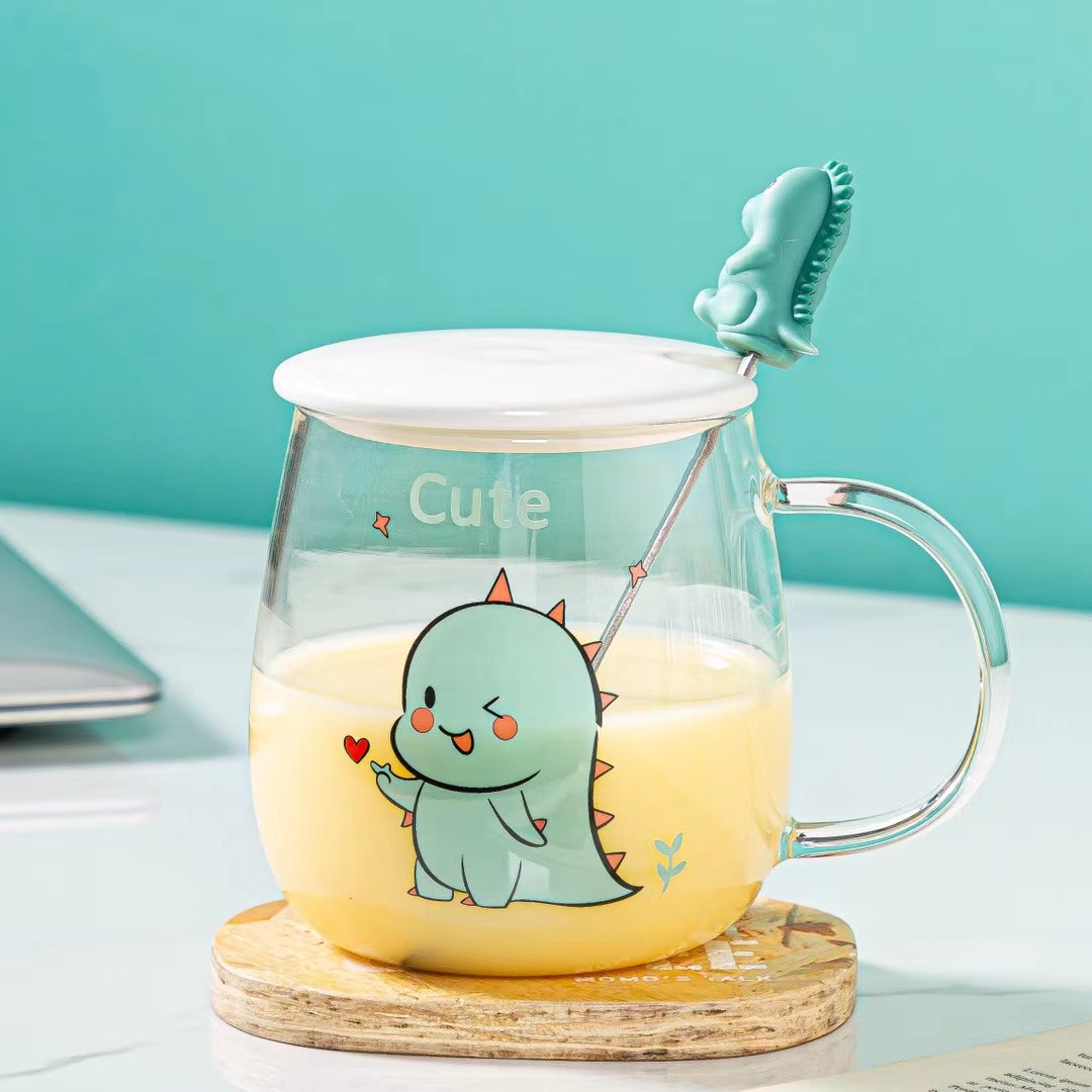 Lindo dinosaurio de dibujos animados taza de agua de cristal con tapa cuchara taza de regalo personalizado taza de jugo de Corea taza de café LOGO