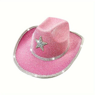 Pink Glitter Diamond Strip Five-Pointed Star Cowboy Hat Cowboy Glitter Cowboy Hat Halloween Glitter Diamond Shaped Hat