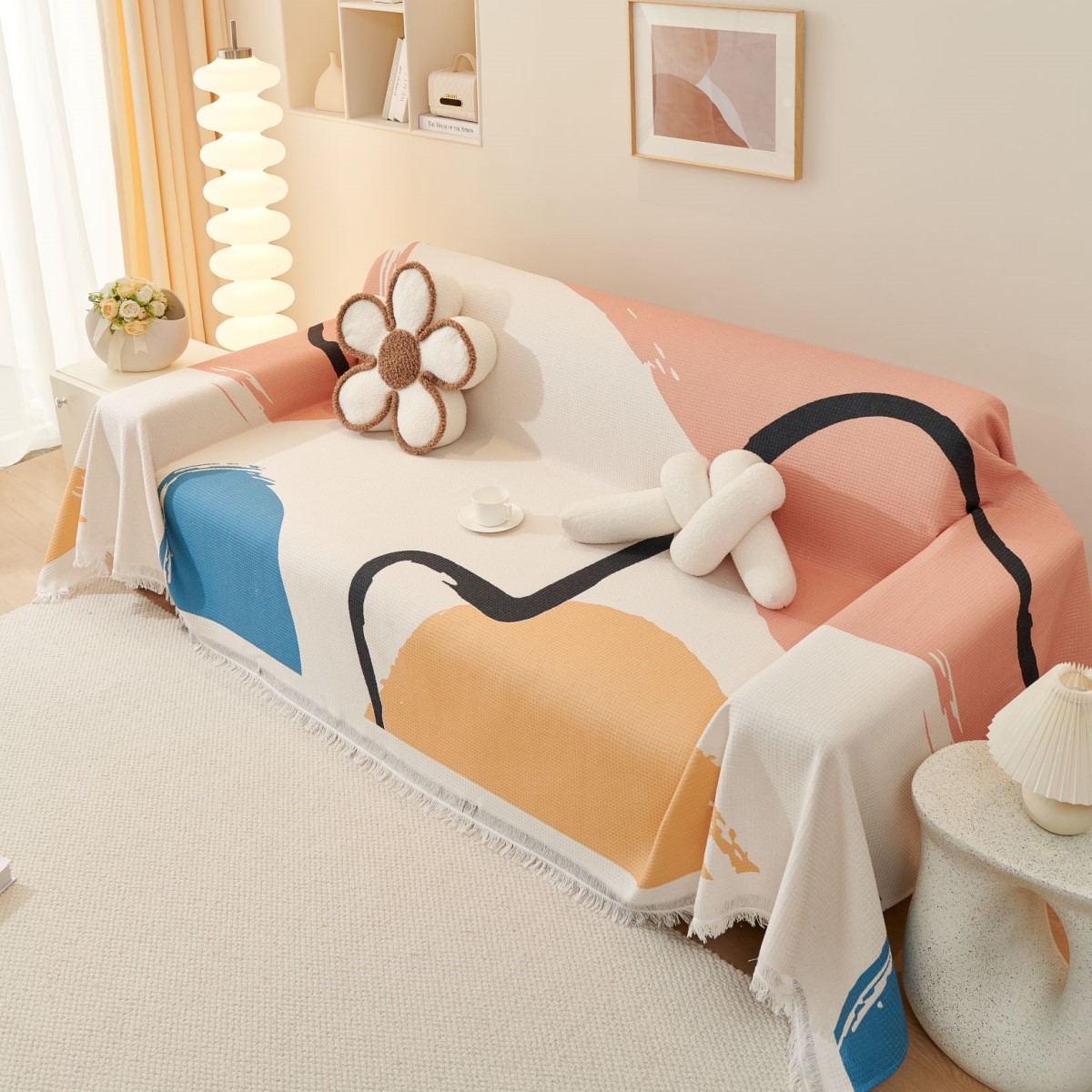 Copridivano universale in cotone e lino, moderno, semplice, con stampa a nido d'ape, per tutte le stagioni, lavabile in lavatrice_voghion.com