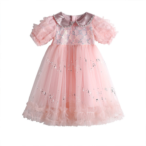 Little Girl Dress 2024 New Pearl Collar Princess Dress Children Short Sleeve Net Dress Girl Stylish Fashion Skirt