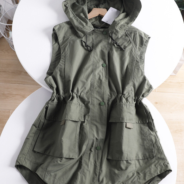 French Single-Piece Women's Clothing Single-Breasted Large Pocket Hooded Vest Sleeveless Jacket Spring and Summer Fashion Outdoor Vest