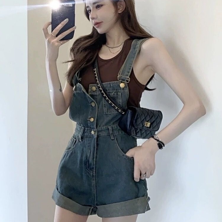 Rolled Hem Denim Overalls for Women, Summer 2026 New Style, High-Waisted, Slimming, Petite Straight-Leg Jumpsuit Shorts, Flattering