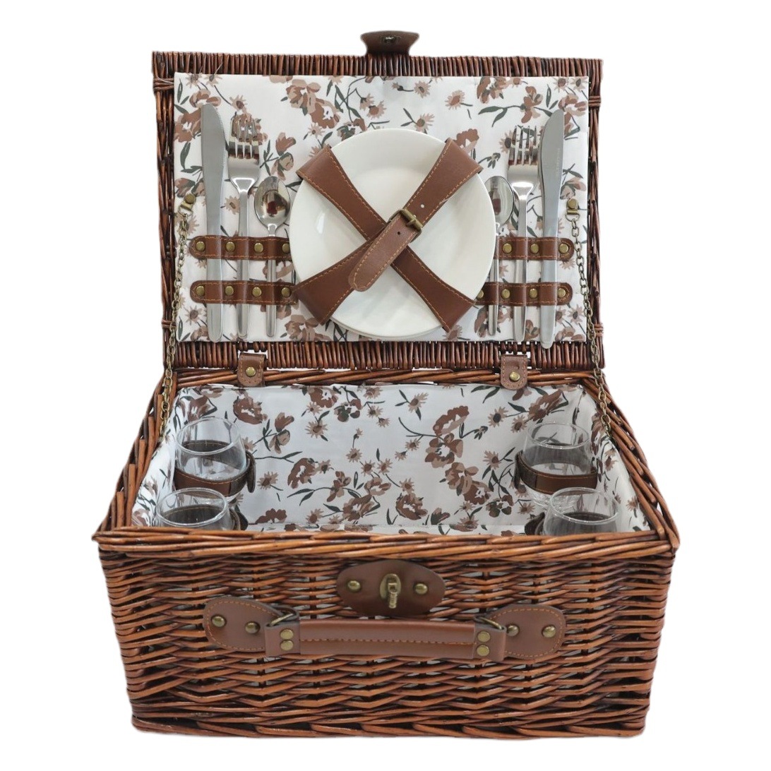 Fábrica de stock de cestas de mano de sauce con cubierta de cestas de regalo de caña al aire libre con cubierta de cubierta de cestas de picnic de estilo retro