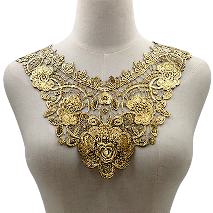 水溶蕾丝领花 烫金胸花 立体镂空刺绣 涤光丝绣花 金色假领子