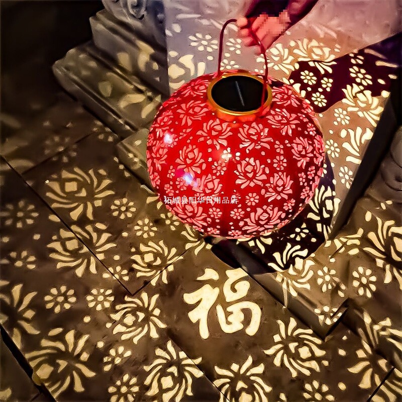 Solar Red Lantern Hanging on the Wall Outdoor Iron Lantern Courtyard Garden Solar Outdoor Chinese Red Projection Lamp