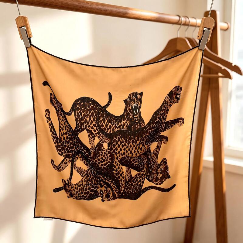 Silk and wool small square scarf 65cm, silk-wool jaguar fashion retro stylish versatile high-end scarf Silk and wool small square scarf 65cm, silk-wool jaguar fashion retro stylish versatile high-end scarf