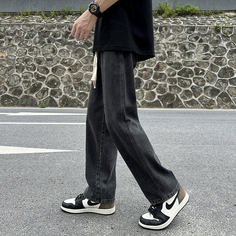 浅蓝色牛仔裤男款春秋季抽绳松紧腰宽松直筒裤美式高街vibe风裤子