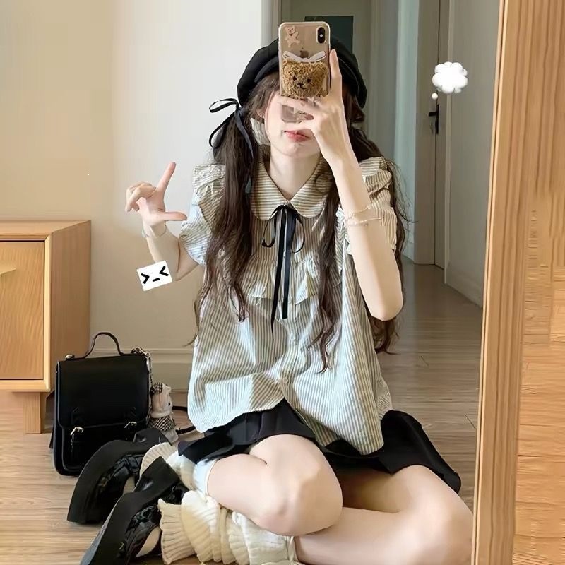 女童夏季学院风条纹短袖衬衫大儿童jk制服衬衣泡泡袖纯棉上衣洋气