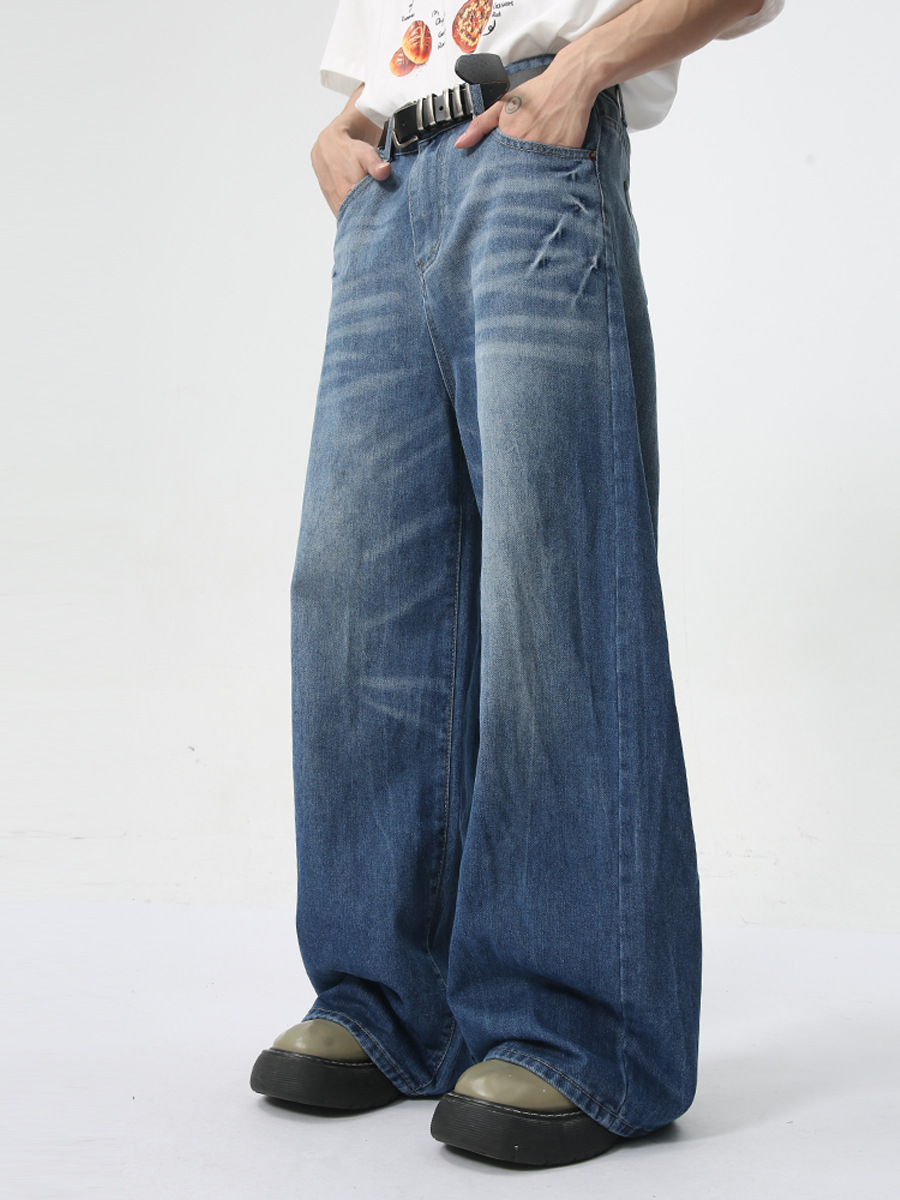 Ropa para hombre MTLCLOTHES | Vaqueros de pierna ancha y recta, estilo americano, con lavado efecto relámpago, casuales y versátiles para uso diario.