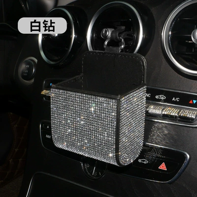 Car Diamond-Encrusted Document Storage Box, Car Air-Conditioning Vent Storage, Multi-Functional Leather Storage Bag with Diamonds (Car storage bag/box) - full-diamond-storage-bag-white-diamond