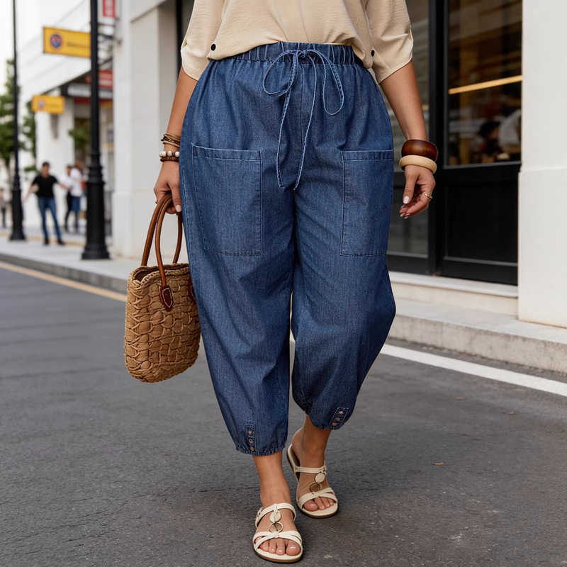 Summer Hot-Selling Plus-Size Denim Capri Pants with Elastic Drawstring Waist, Loose Fit, Cuffed Design, Large Pockets, and Slimming Effect