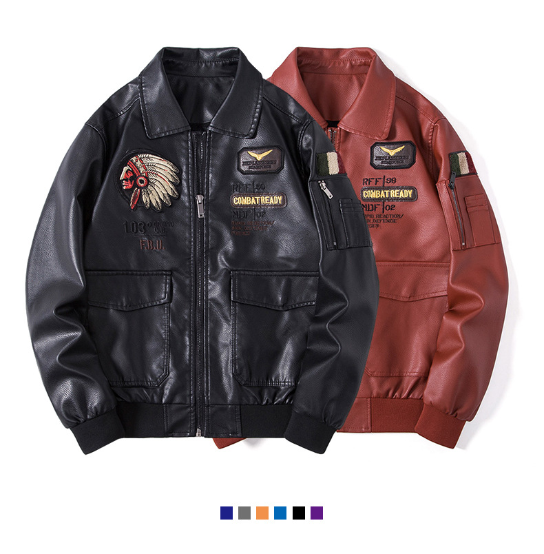 Men's Leather Jacket With Stand Collar Embroidered Motorcycle Style_voghion.com