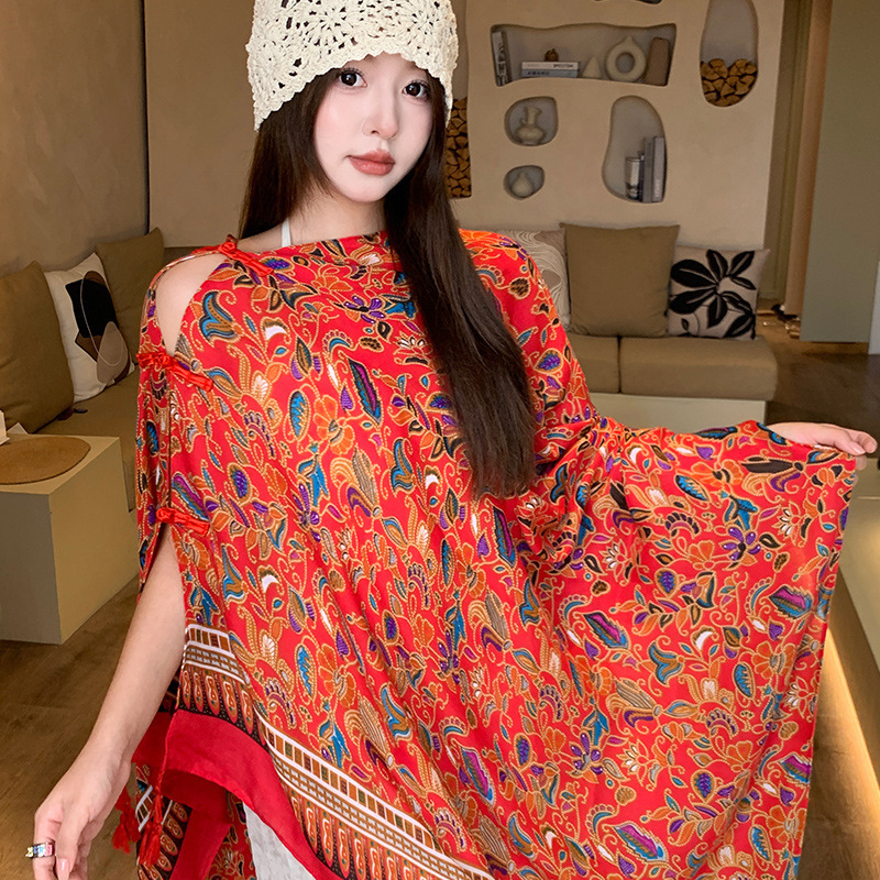 女性用夏の日焼け止め薄いショール、カラフルなストライプのボタン付きエスニックスタイルの旅行着用シルクスカーフ、海辺のビーチガーゼスカーフ|undefined