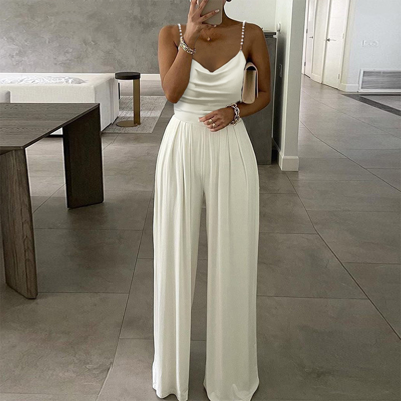 2021 New European and American Amazon Pearl Strap Wide Leg Sleeveless V-Neck Backless Trousers Jumpsuit