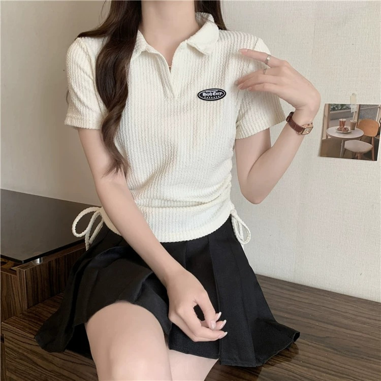 Large size American front shoulder polo neck short sleeved t-shirt for women 2024 new summer chubby mm top design_voghion.com