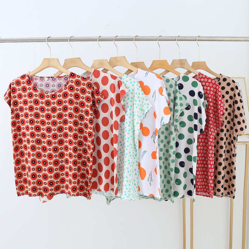 Summer cotton silk printed top women's thin loose slimming short sleeve artificial cotton outer wear round neck T-shirt