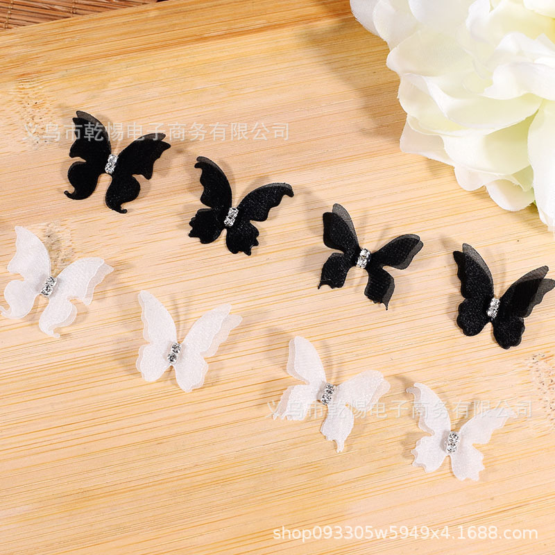 Super fairy 3cm mini black and white solid color small butterfly double layer plus diamond face accessories diy accessories shooting props