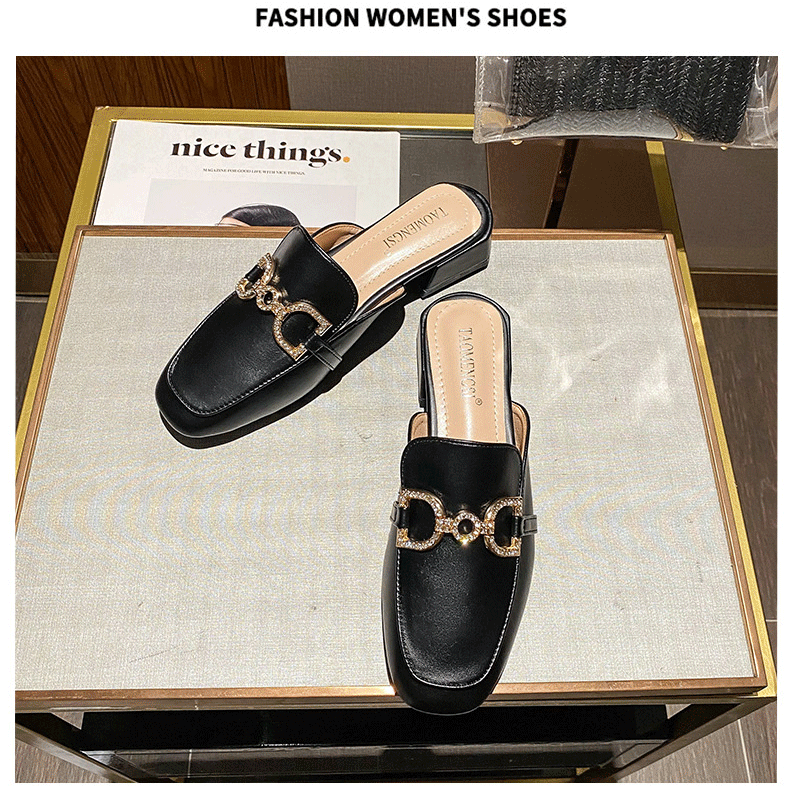 Dép sandal nữ bít mũi gót thô đính đá kim loại mũi ngang, kiểu lười nửa dép mùa hè — Màu mơ, Màu đen chi tiết 25