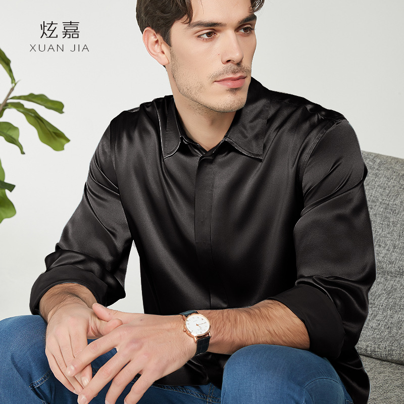 男士真丝衬衫2025春秋新款100%桑蚕丝纯色长袖中年商务休闲衬衣男