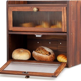 Kitchen Countertop Bread Box 3 Layers Wooden Bread Box Farmhouse Coffee Bar Countertop Food Cabinet Rack Storage Container