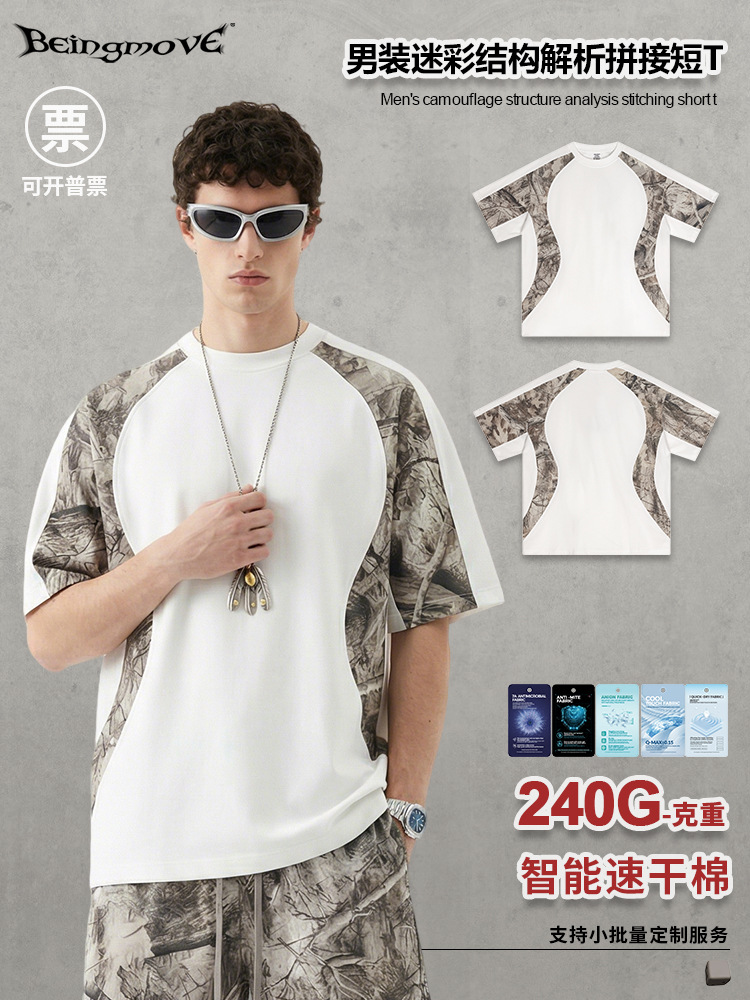 Calle secada| Verano marca de moda americana retro empalme impresión de transferencia de calor camuflaje de manga corta camiseta deportiva de secado rápido chaqueta hombre