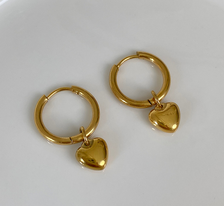 Pendientes Circulares De Acero Titanio Con Baño De Oro De 18 Kilates Con Colgante Simple En Forma De Corazón display picture 2